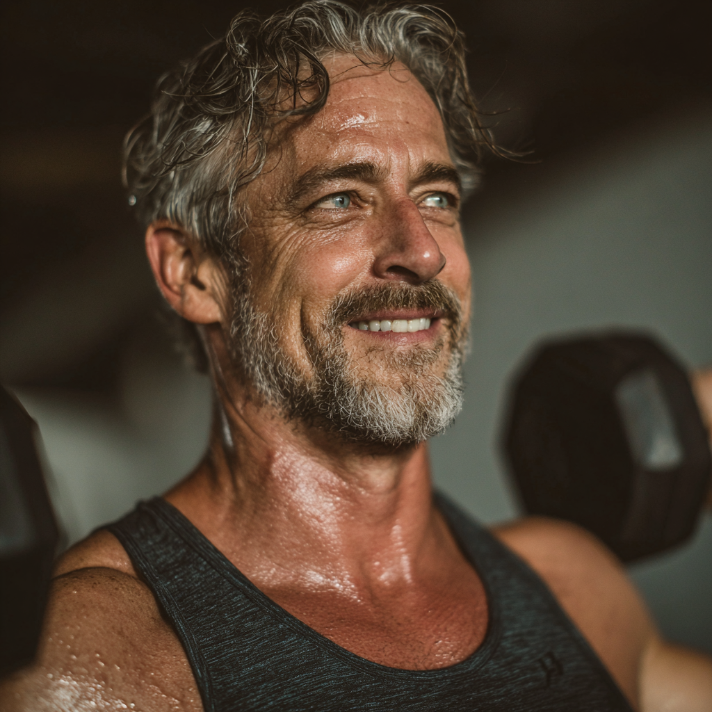 Hombre de 55 años realizando ejercicio de fuerza con pesas en junperolk, sonriendo con confianza
