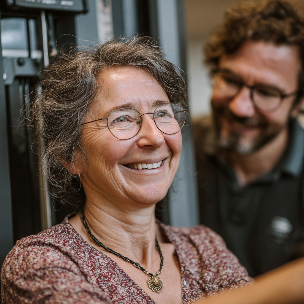 Mujer de 58 años entrenando con instructor personal en junperolk, realizando ejercicios adaptados a su nivel