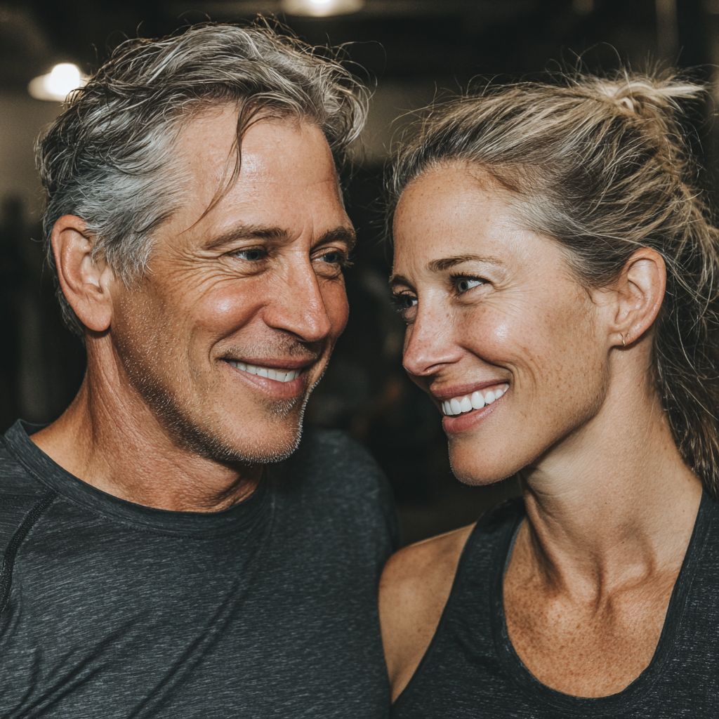 Pareja de 52 y 56 años entrenando juntos en junperolk, disfrutando de una rutina de ejercicios en pareja